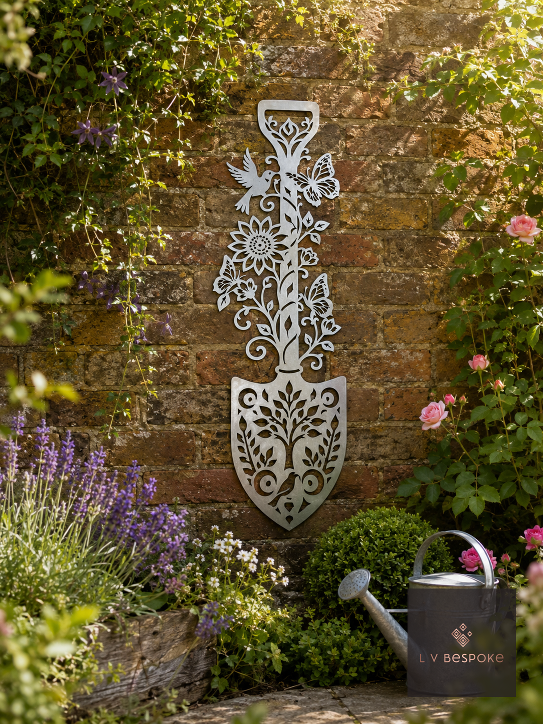 Raw steel Floral Spade in a garden border or on a wall