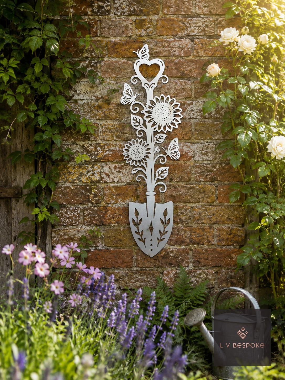 Raw steel Floral Trowel in a garden border or on a wall