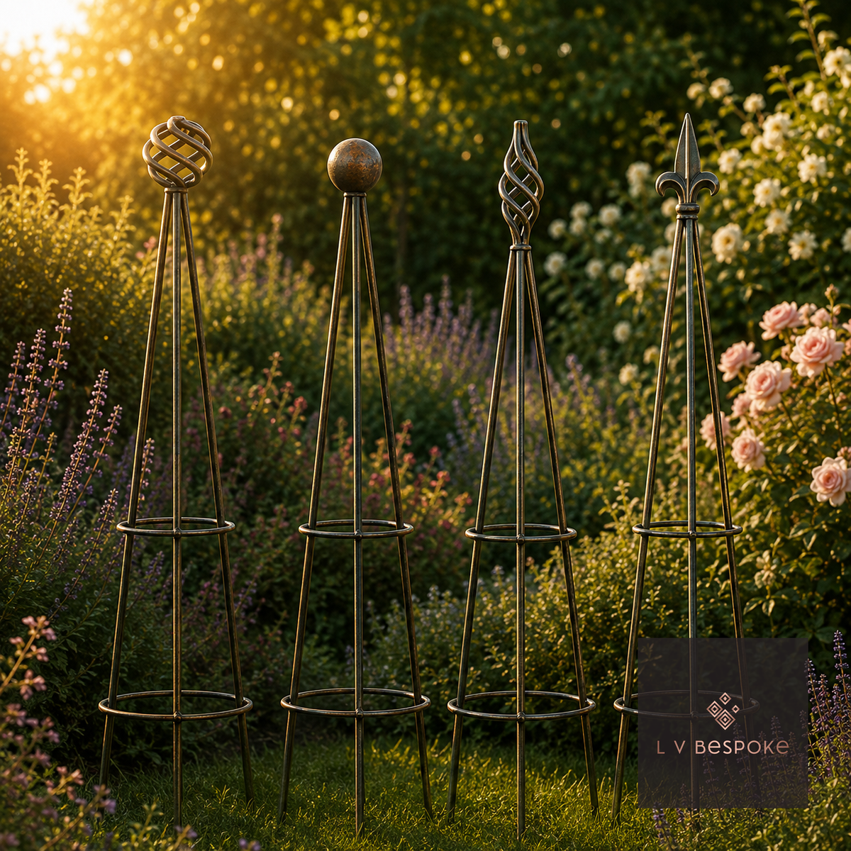 Raw steel garden obelisks with basket sphere, ball, twisted flute and fleur-de-lis finials, standing in a flower border