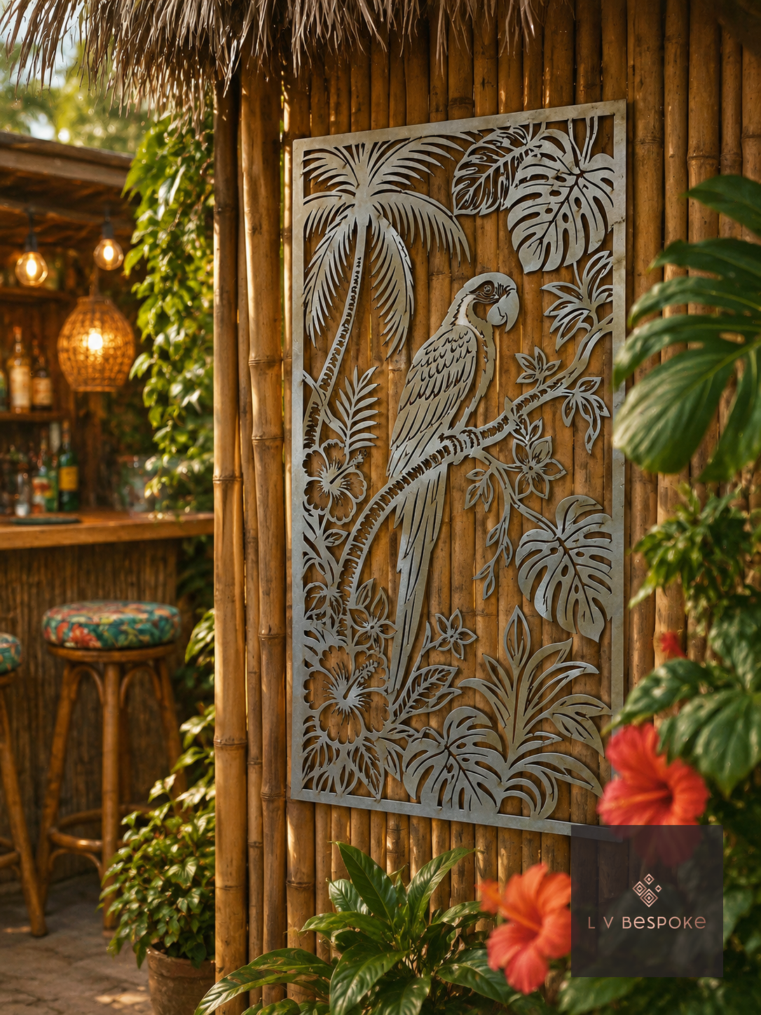 Raw steel Parrot Panel wall art panel on a garden wall