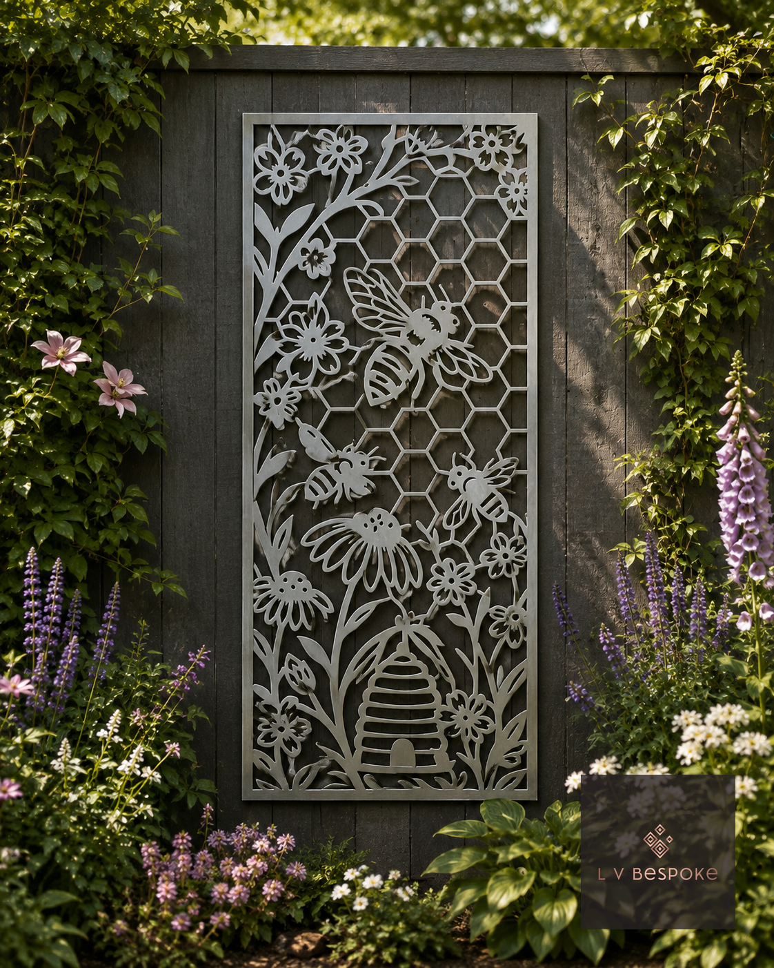 Raw steel Bee & Honeycomb Panel wall art panel on a garden wall