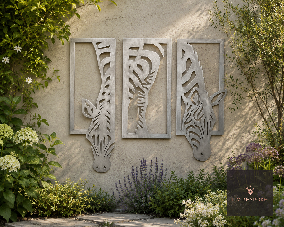 Raw steel Zebra Set of 3 Panels wall art panel on a garden wall