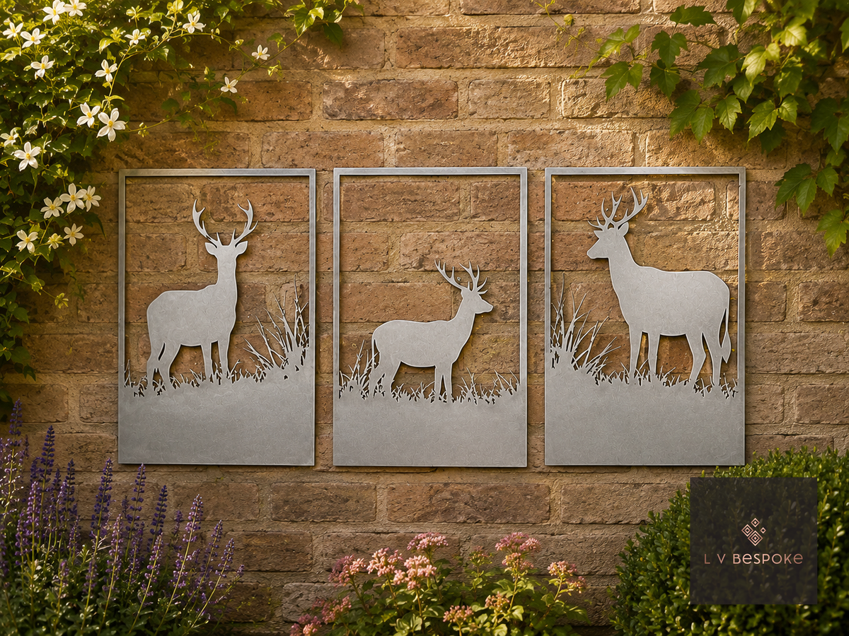 Raw steel Stag Set of 3 Panels wall art panel on a garden wall