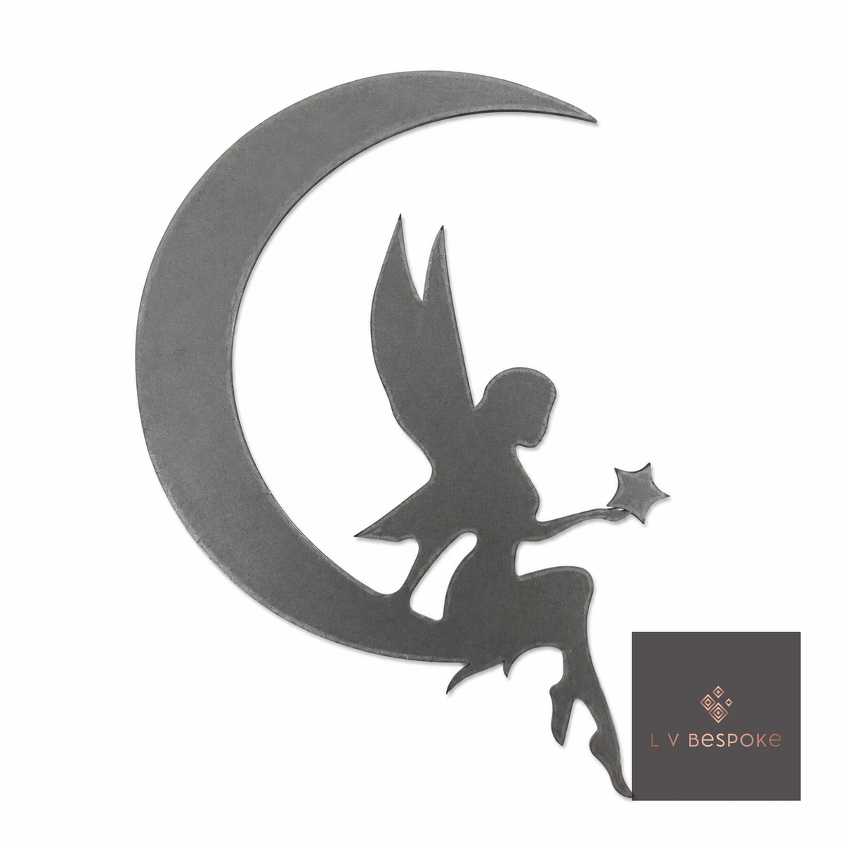 Raw steel plant stake topped with a steel Fairy on the Moon silhouette
