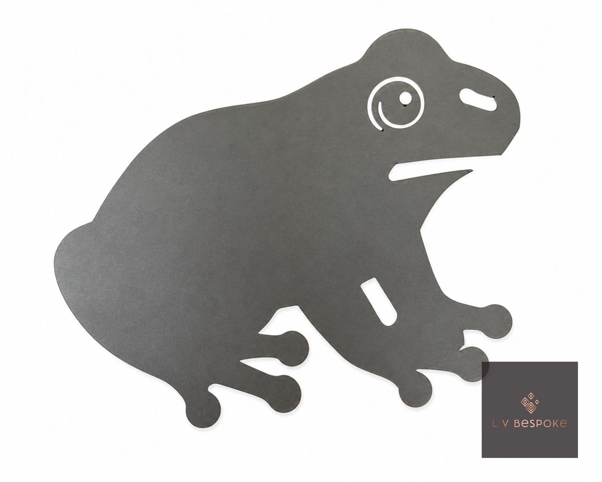 Raw steel plant stake topped with a steel Frog silhouette