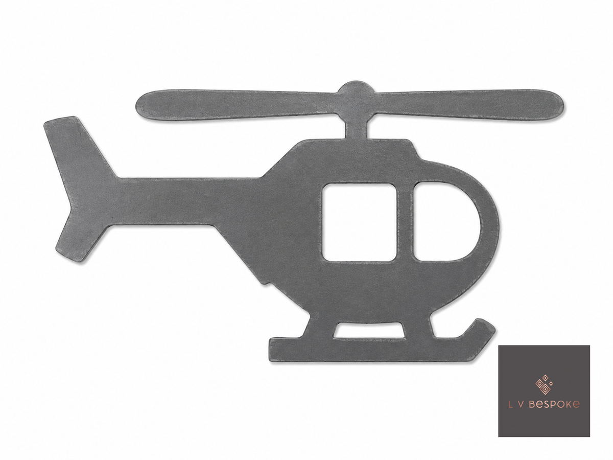 Raw steel plant stake topped with a steel Helicopter silhouette