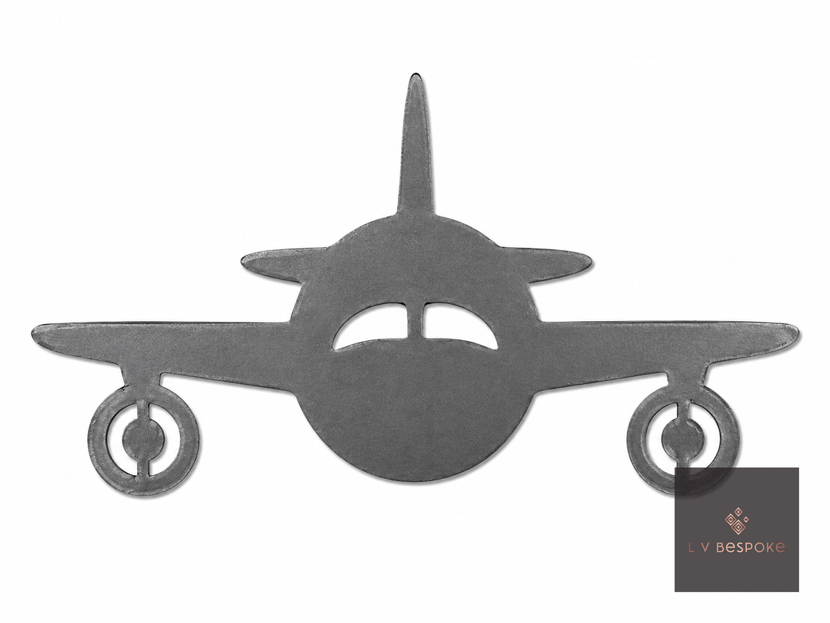Raw steel plant stake topped with a steel Jet Plane silhouette
