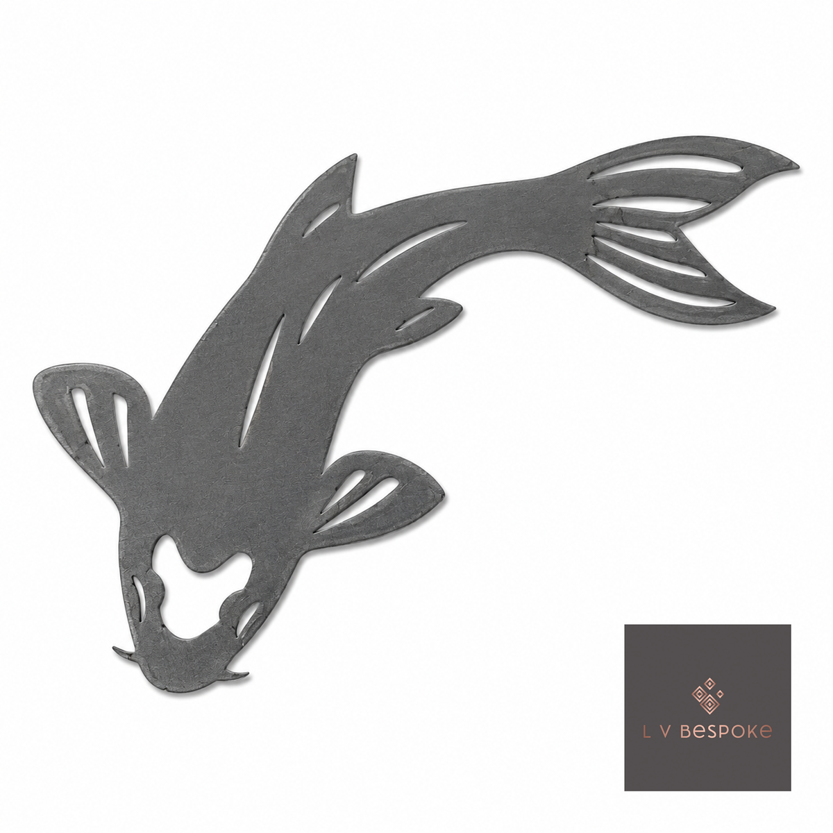 Raw steel plant stake topped with a steel Koi silhouette