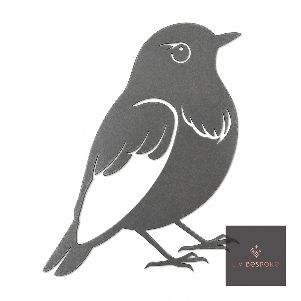 Raw steel plant stake topped with a steel Robin silhouette