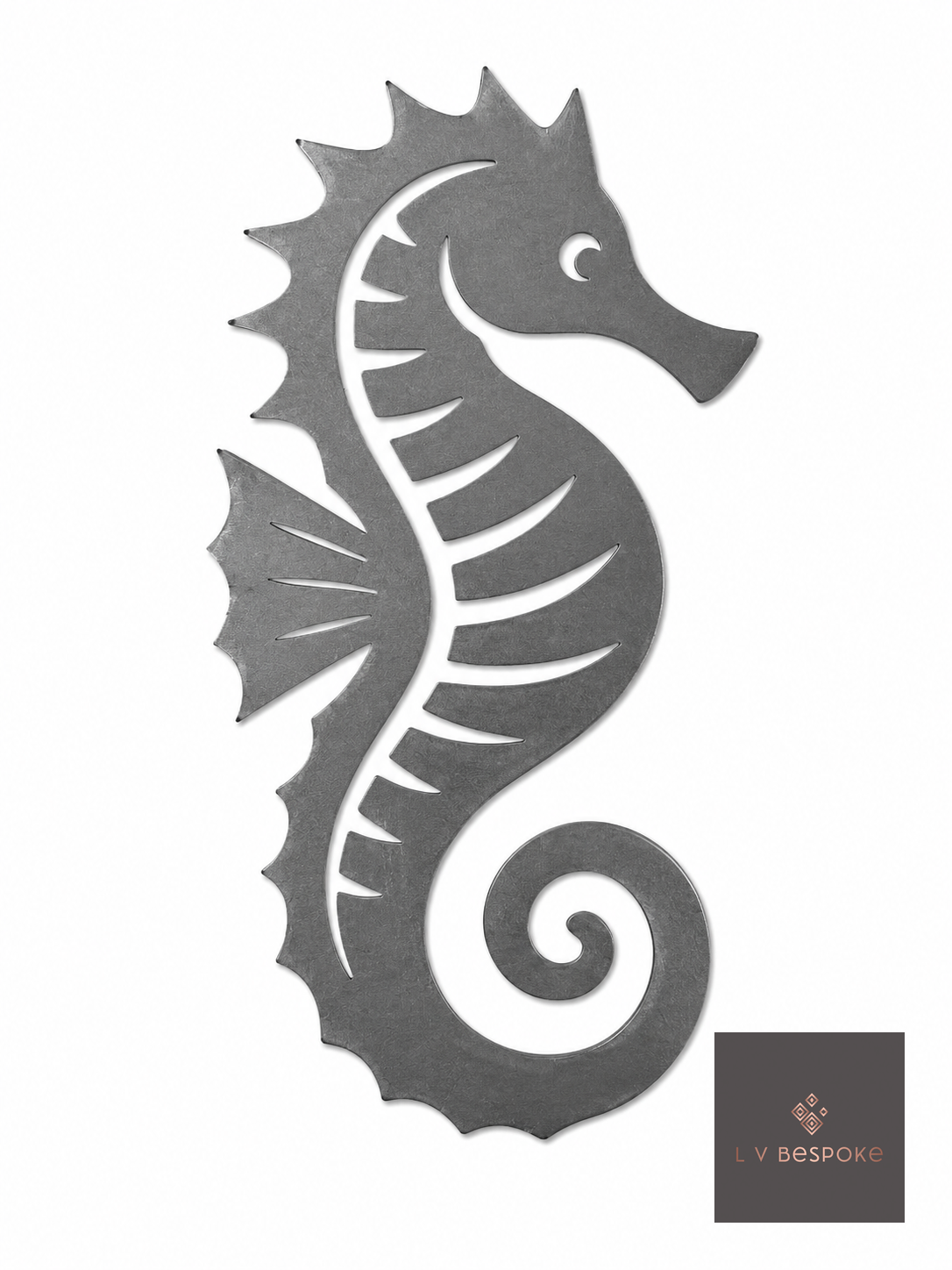 Raw steel plant stake topped with a steel Seahorse silhouette