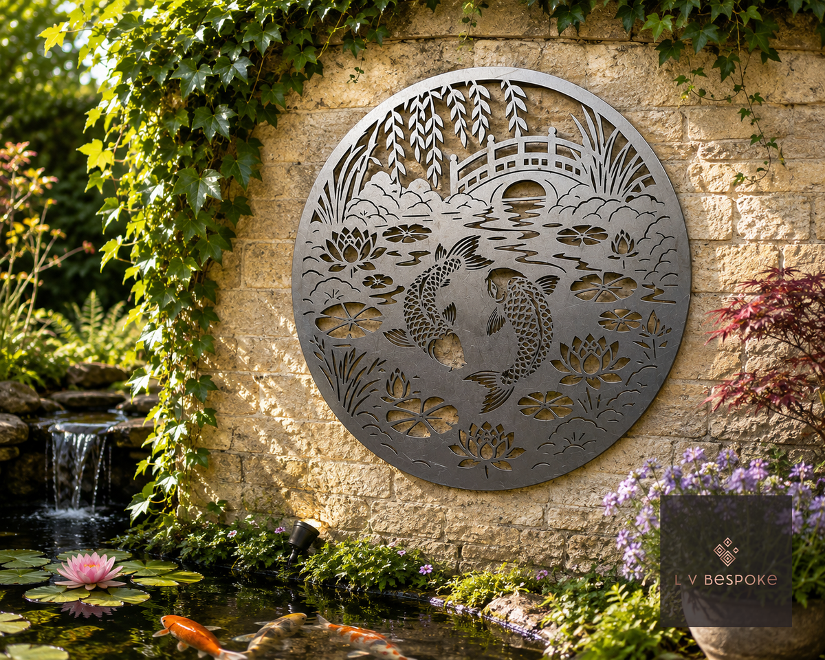 Raw steel Pond Scene wall art hung on a garden wall