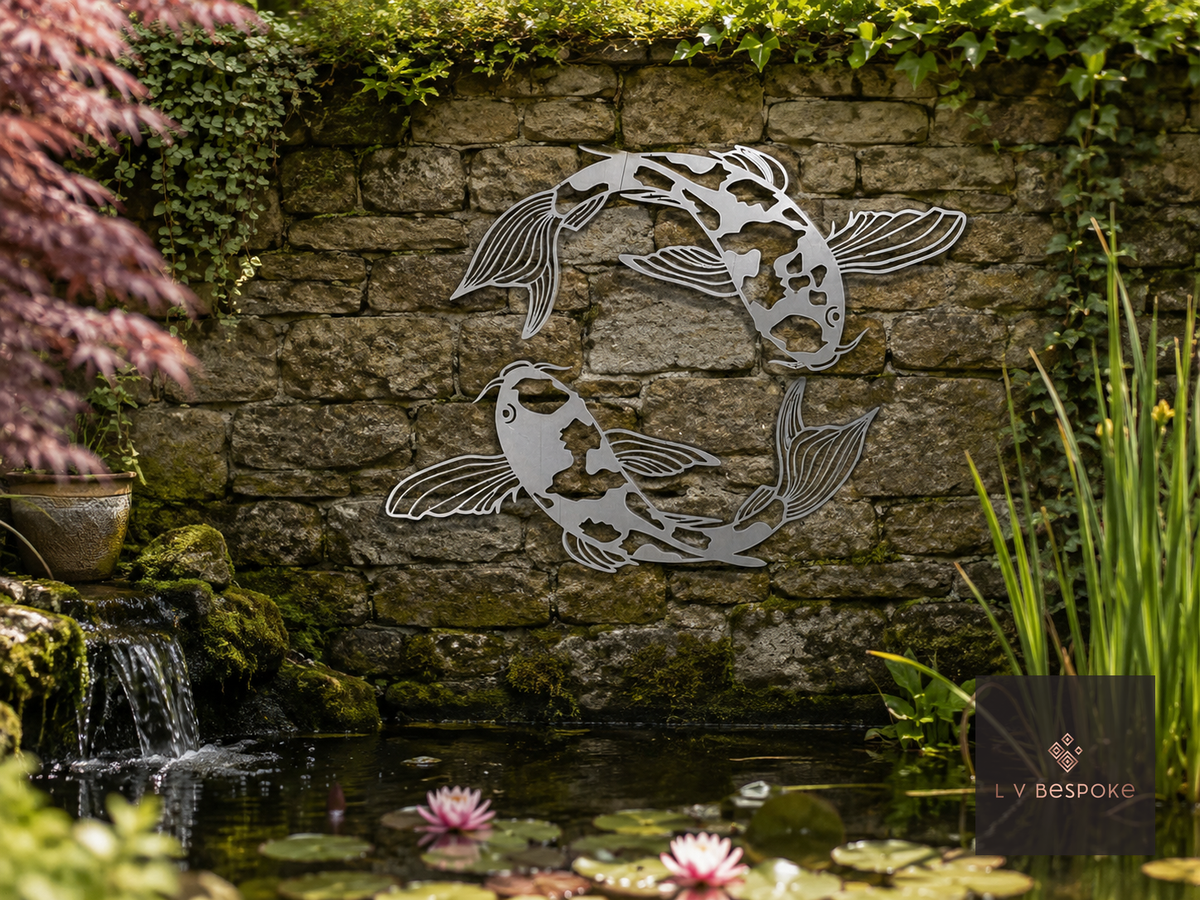 Raw steel Koi Fish wall art hung on a garden wall