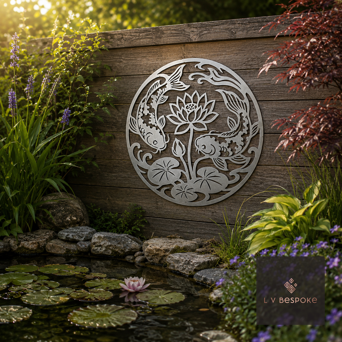 Raw steel Koi & Lotus wall art hung on a garden wall