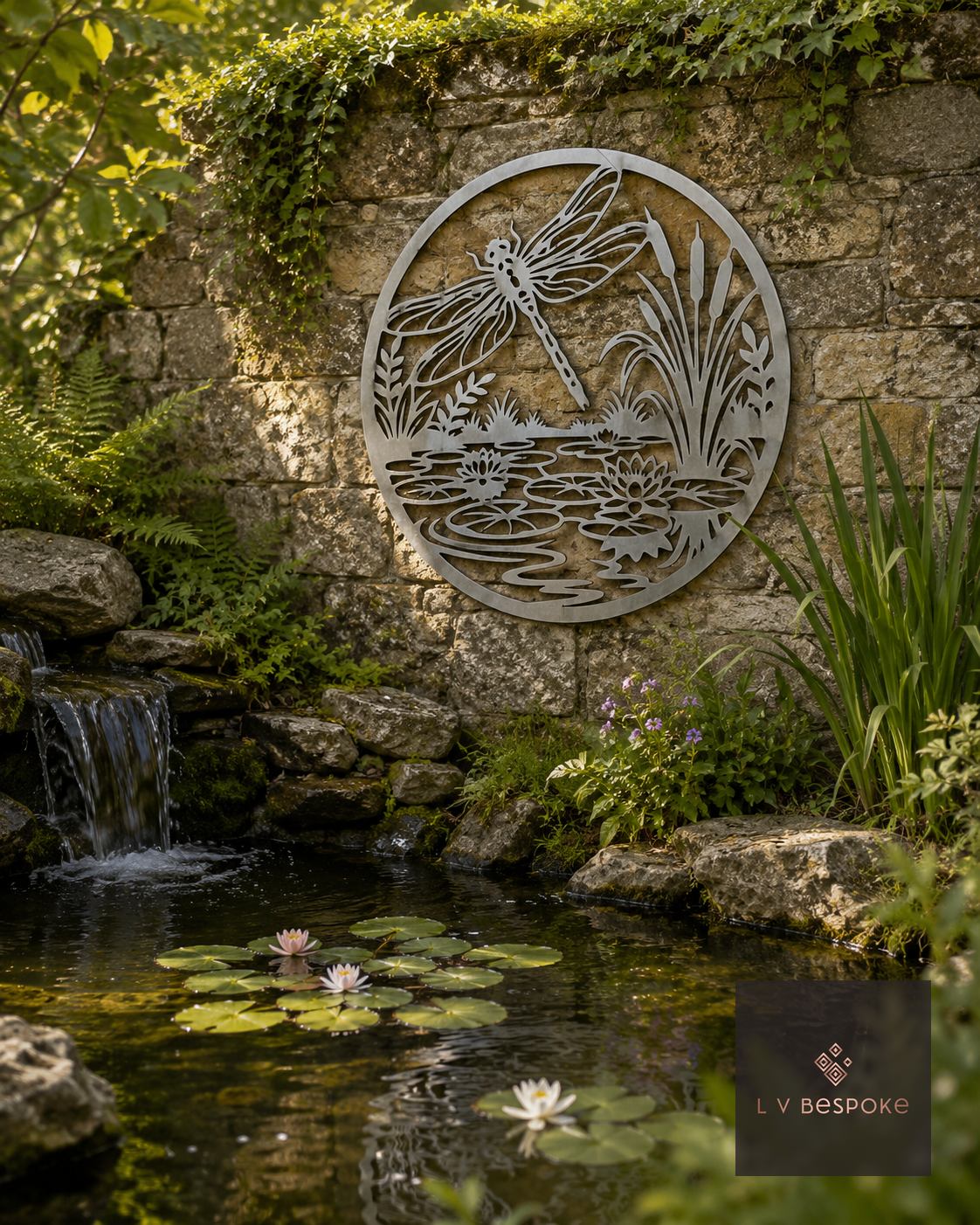 Raw steel Dragonfly & Pond wall art hung on a garden wall