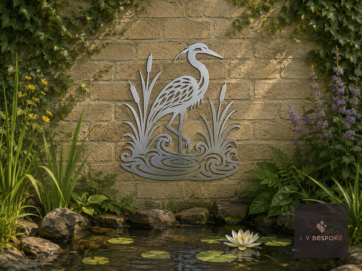 Raw steel Heron wall art hung on a garden wall