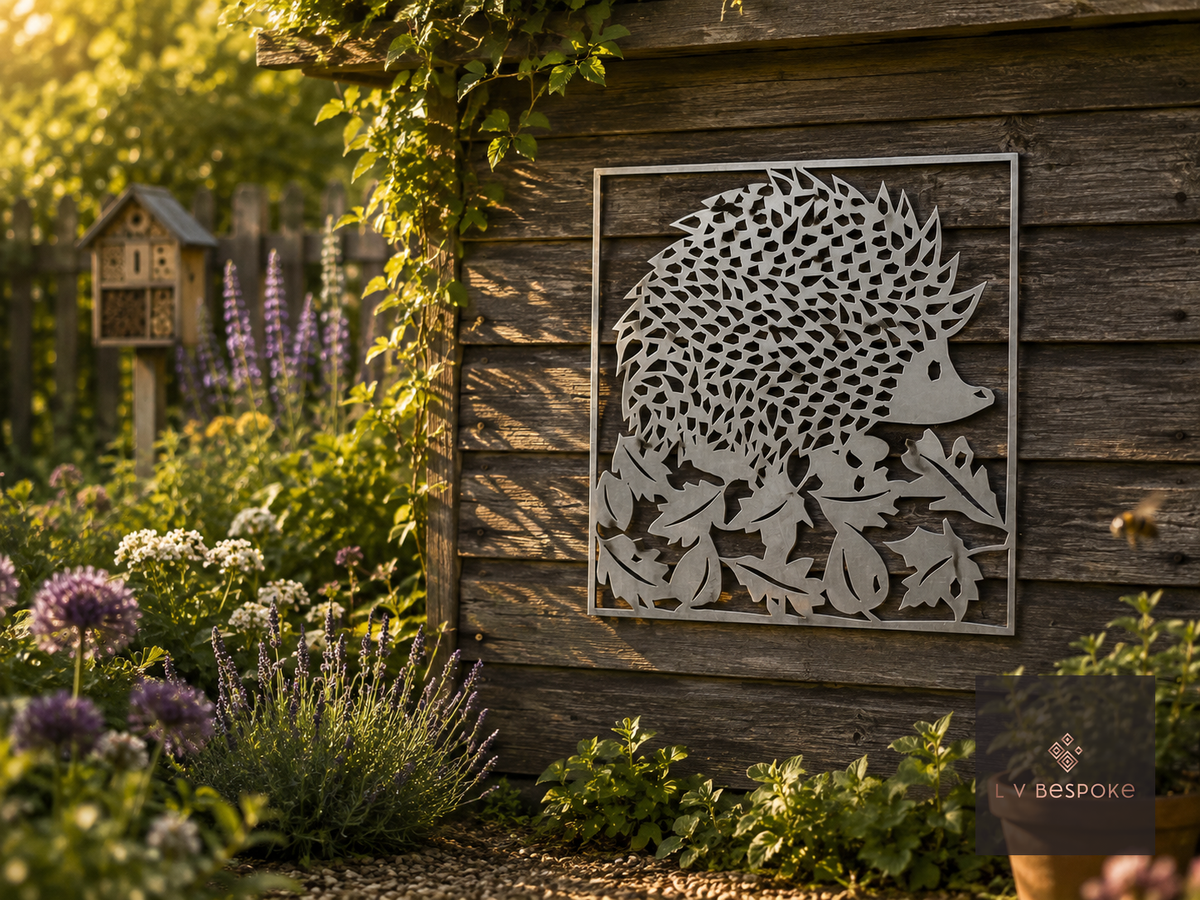 Raw steel Hedgehog wall art hung on a garden wall