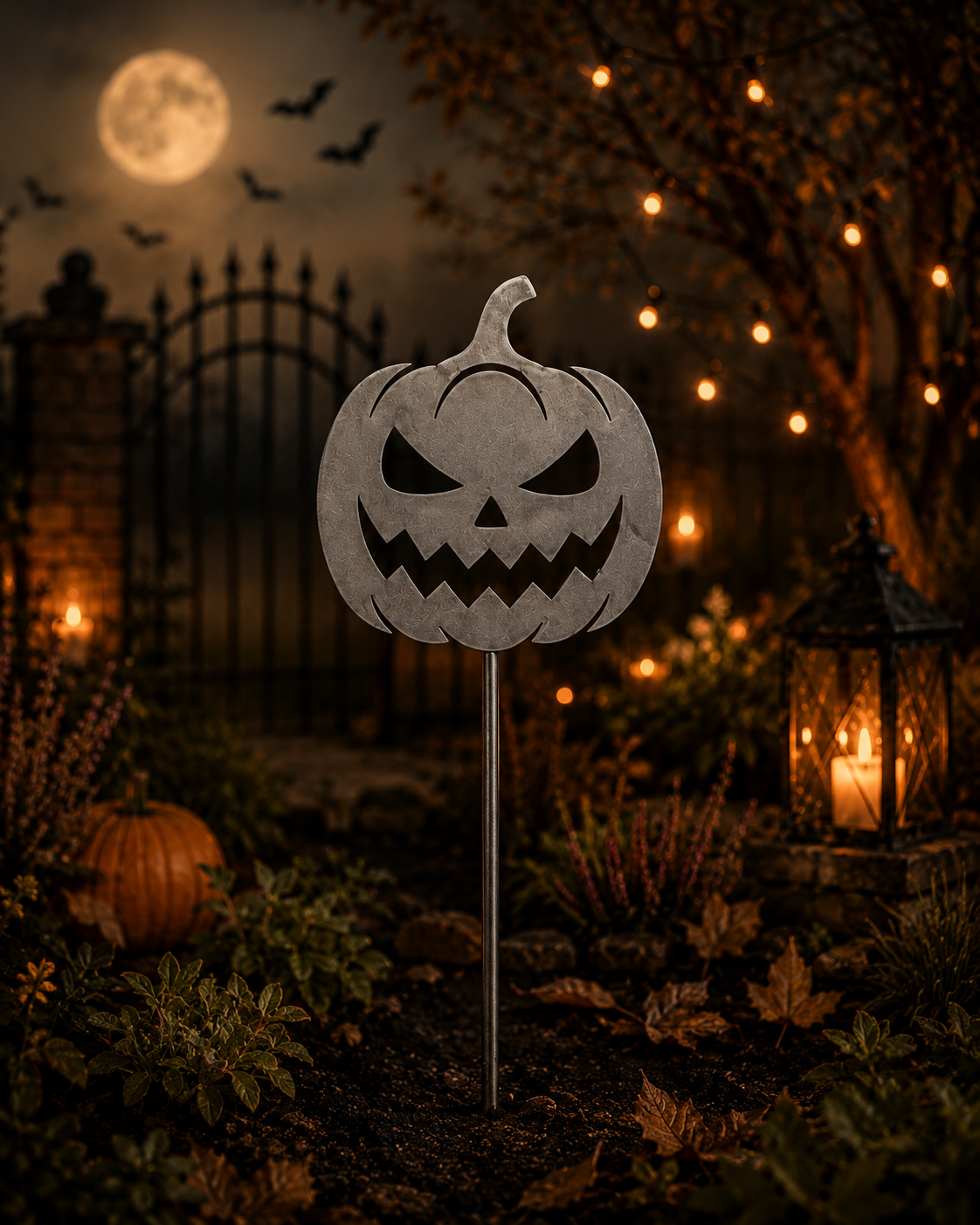 Raw steel pumpkin Halloween garden stake with carved face, planted in a border
