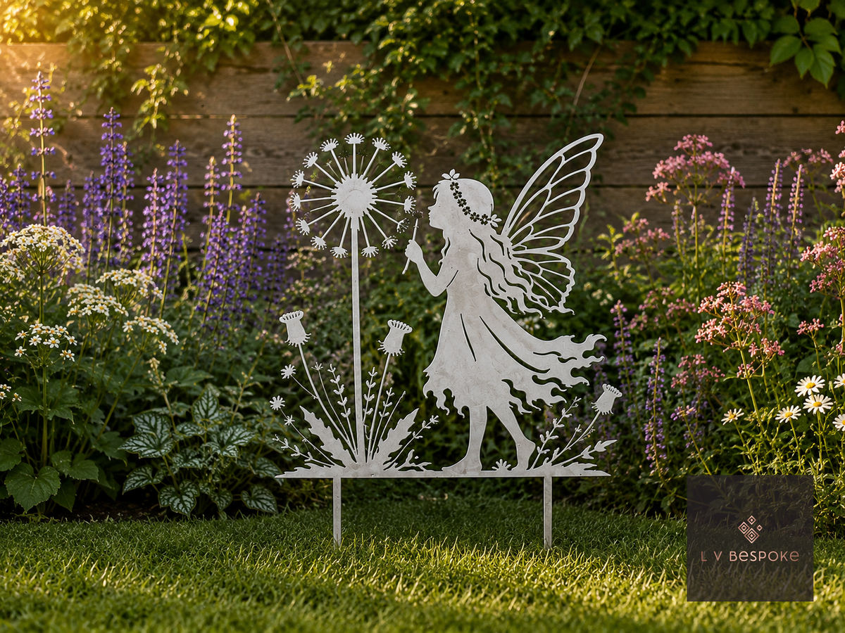 Raw steel Fairy & Dandelion Garden Stake standing in a border