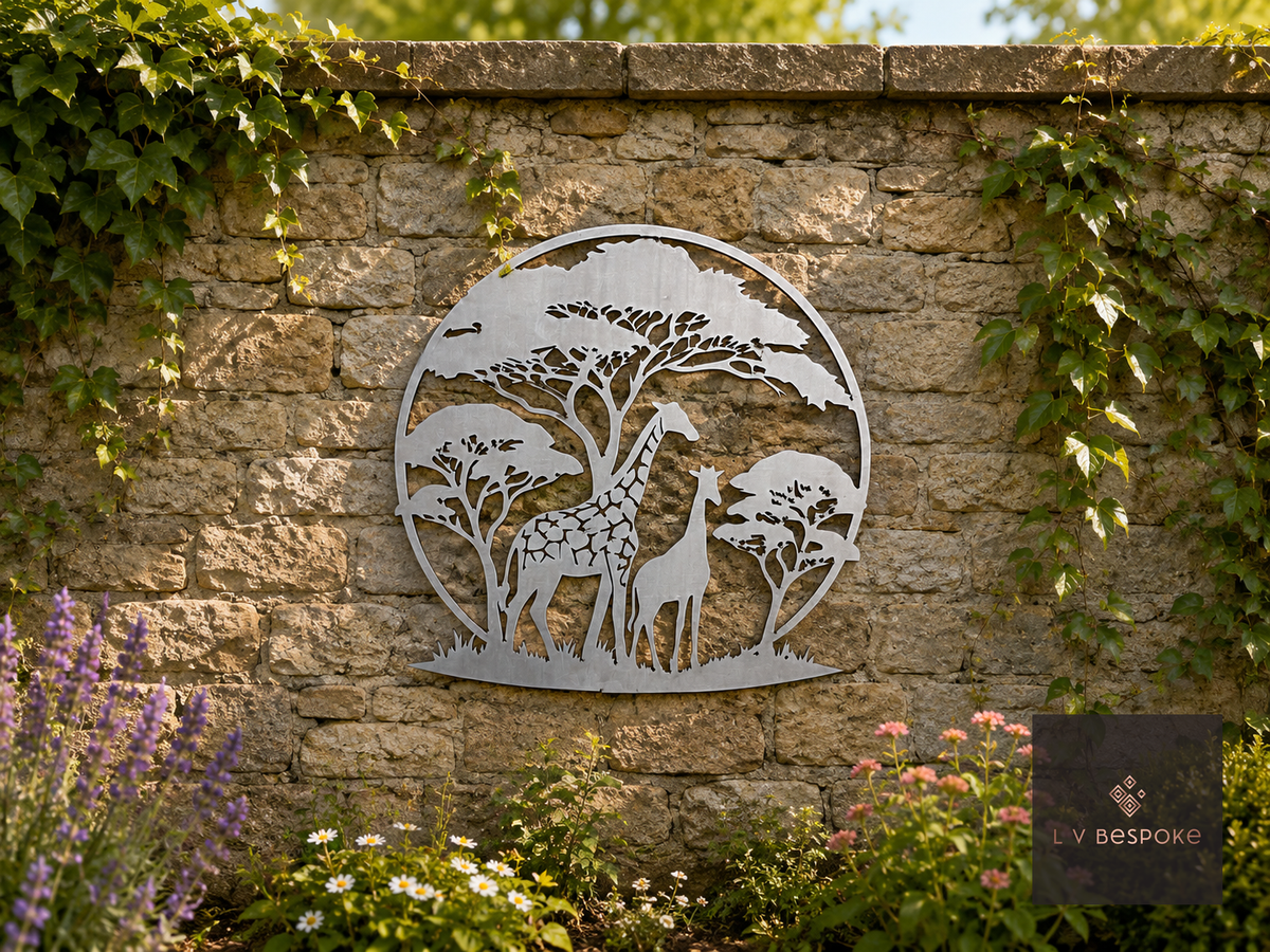 Raw steel Giraffe & Savannah wall art hung on a garden wall