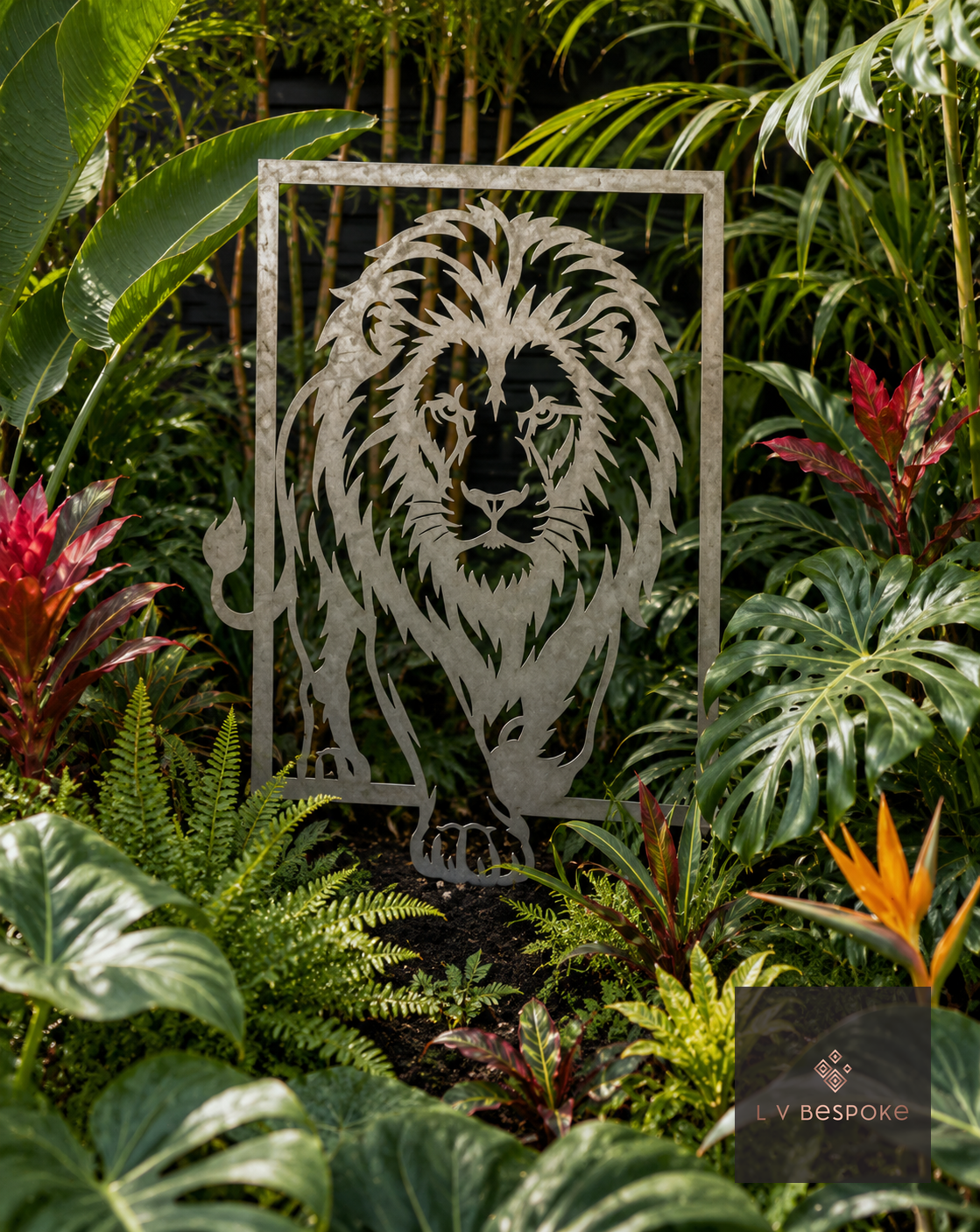 Raw steel Lion (Framed) wall art hung on a garden wall