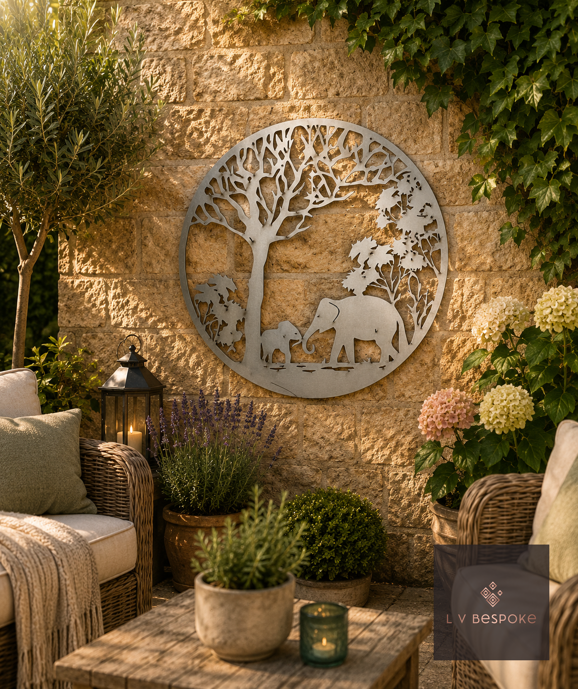 Raw steel Elephant & Savannah wall art hung on a garden wall