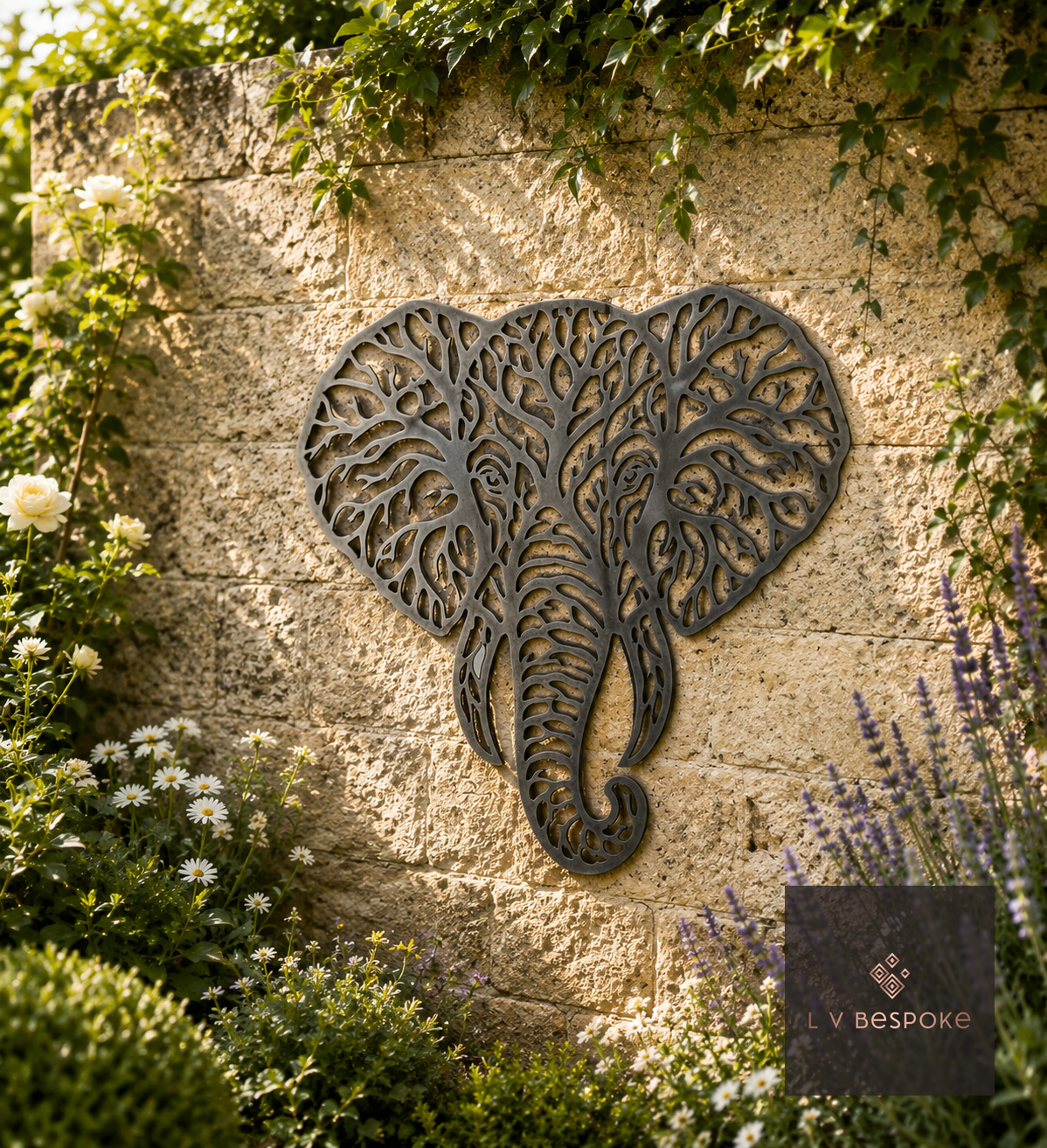 Raw steel Filigree Elephant wall art hung on a garden wall