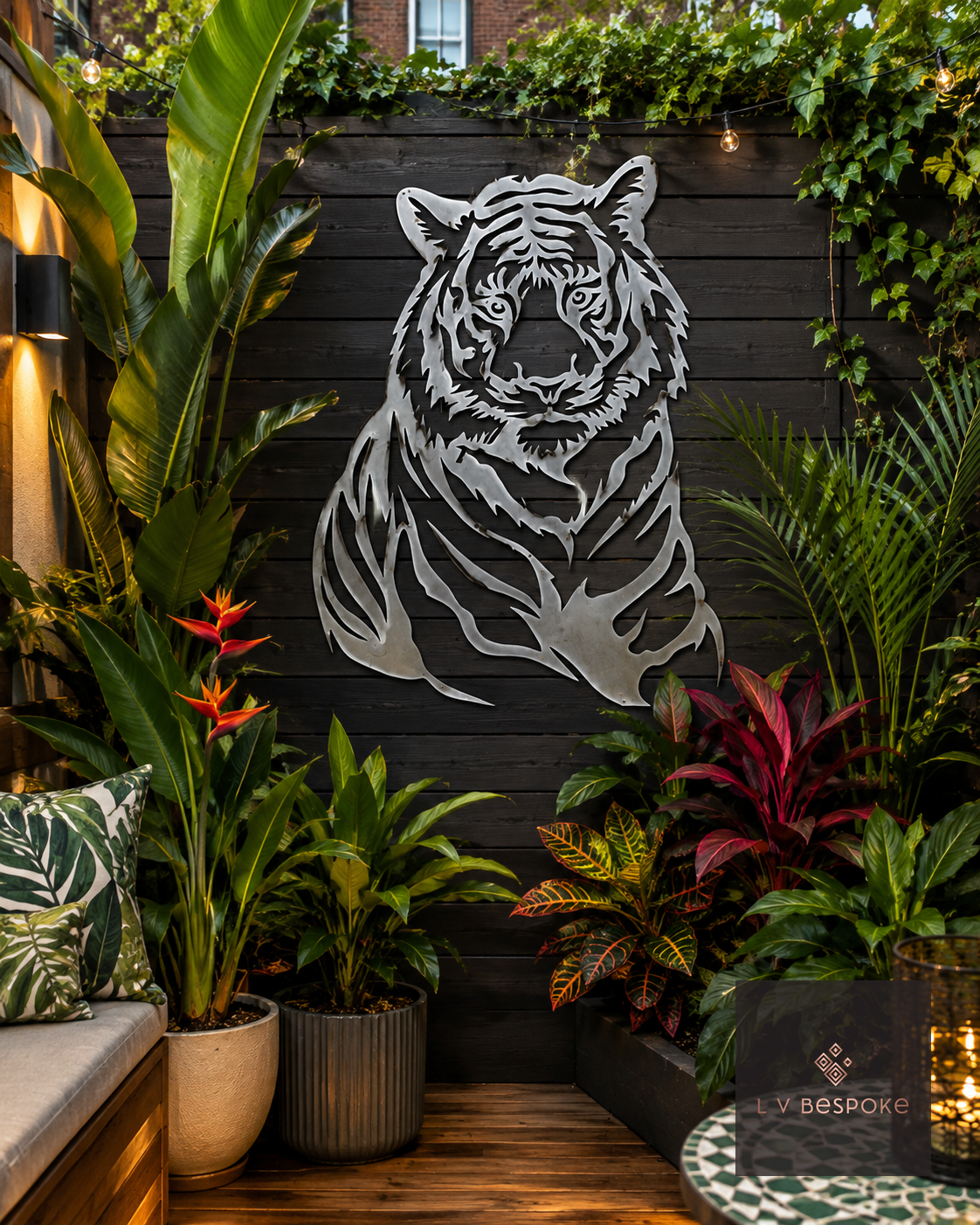 Raw steel Tiger wall art hung on a garden wall