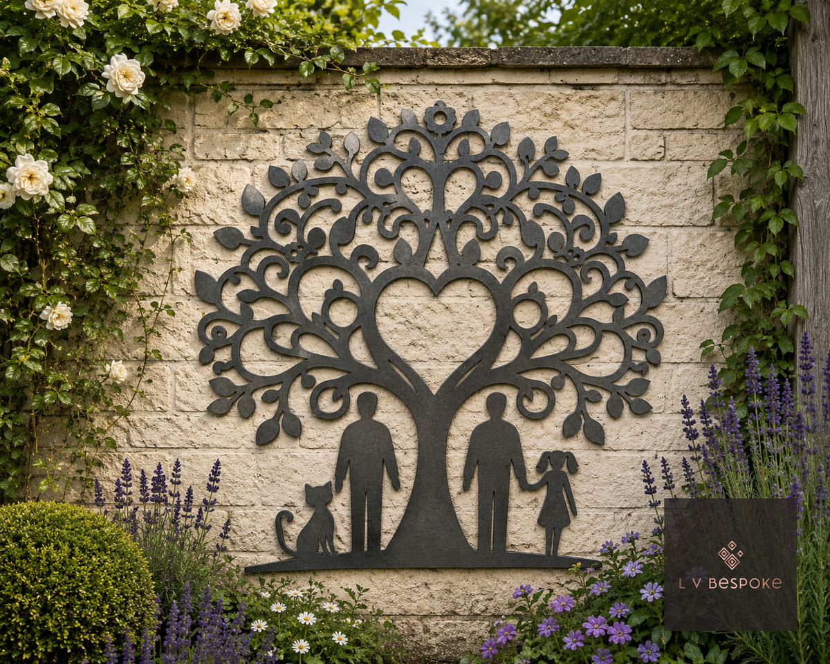 Raw steel Tree of Life & Family wall art hung on a garden wall