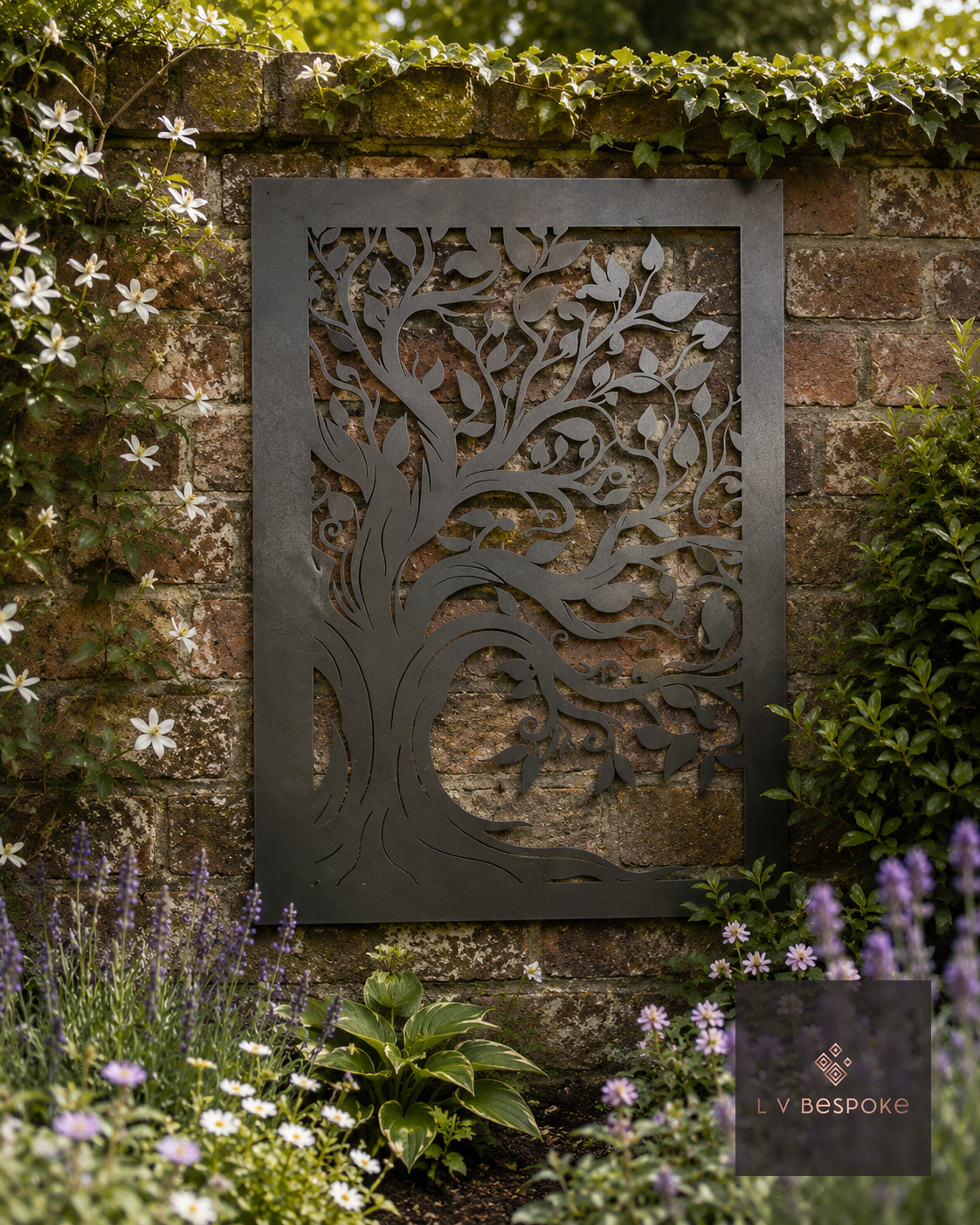 Raw steel Tree of Life (Framed) wall art hung on a garden wall