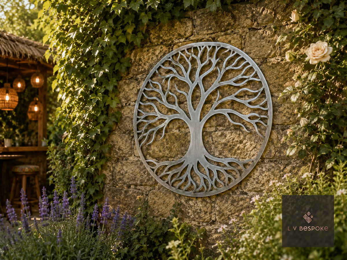 Raw steel Tree of Life (Circular) wall art hung on a garden wall
