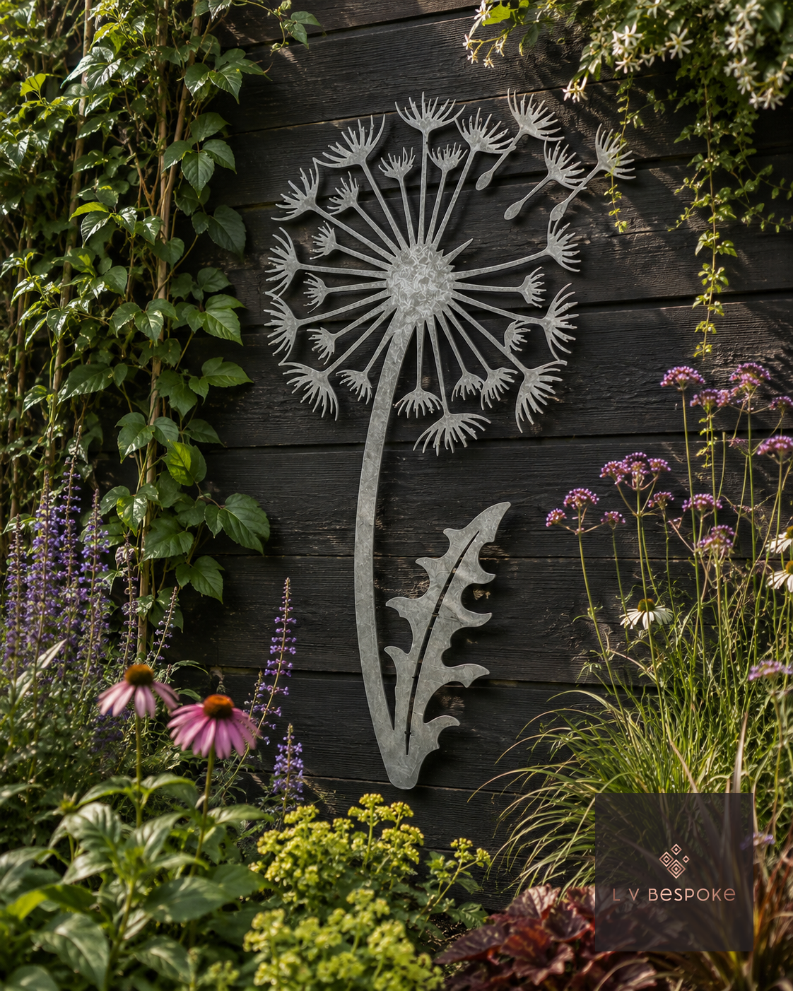Raw steel Dandelion wall art hung on a garden wall