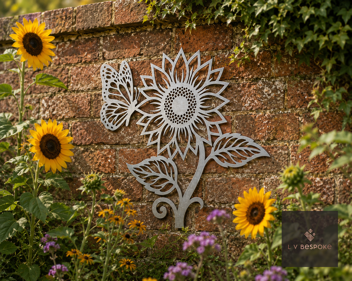 Raw steel Sunflower & Butterfly wall art hung on a garden wall
