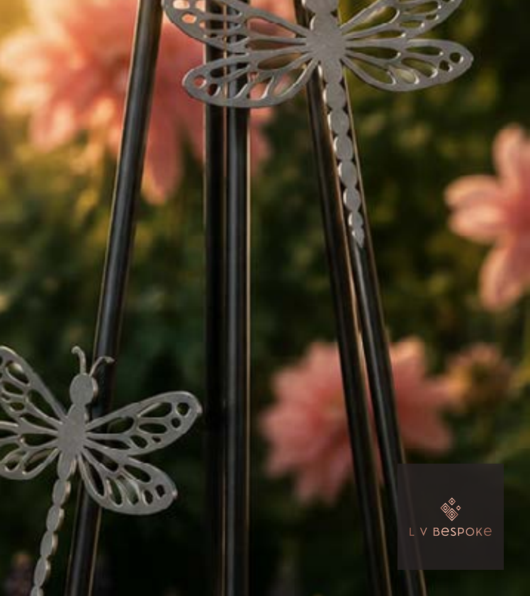 Close-up of the dragonfly topper on the Wildlife Garden Obelisk