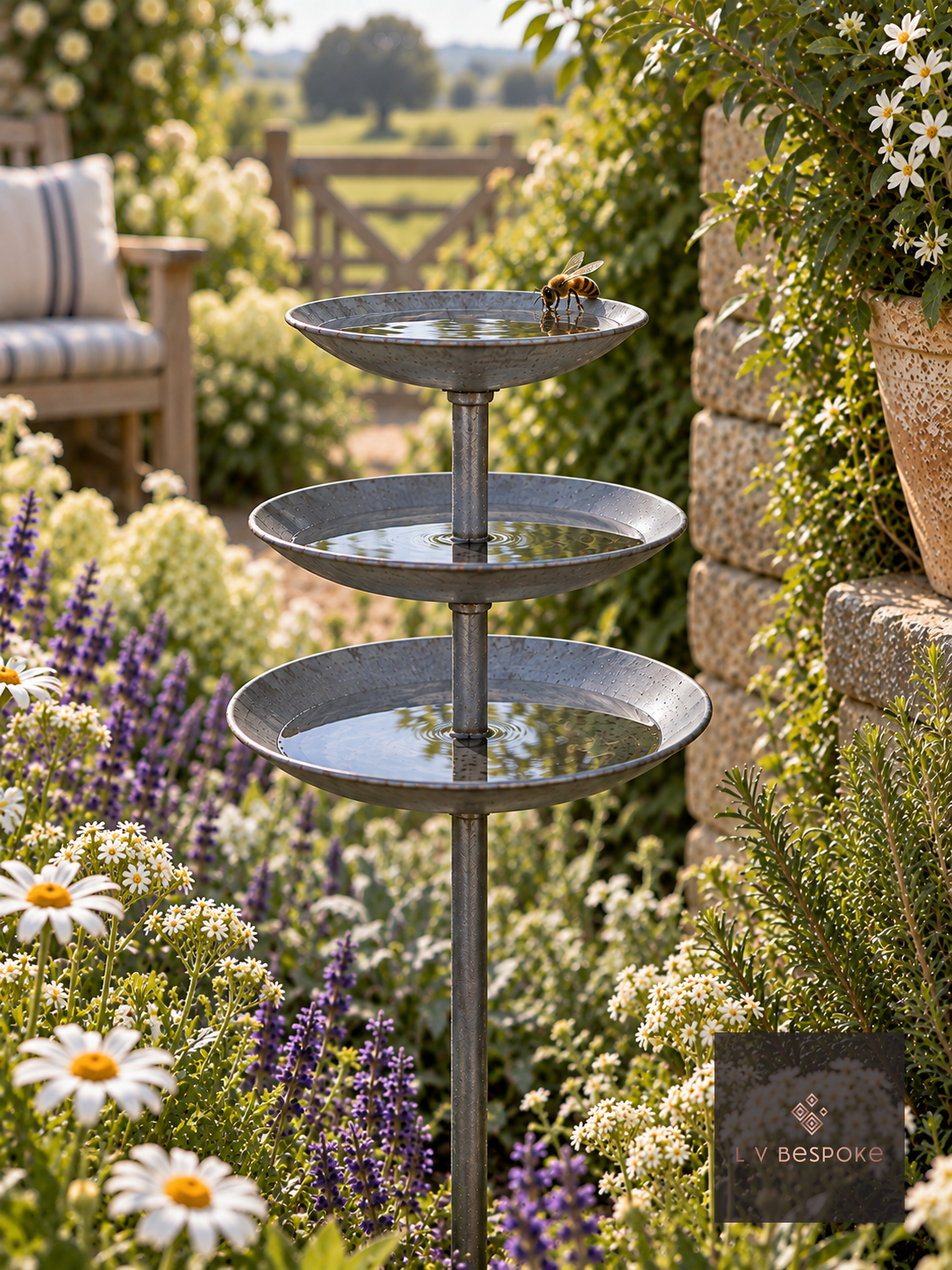 Round finish triple tier bee drinker with a bee landing on the top dish