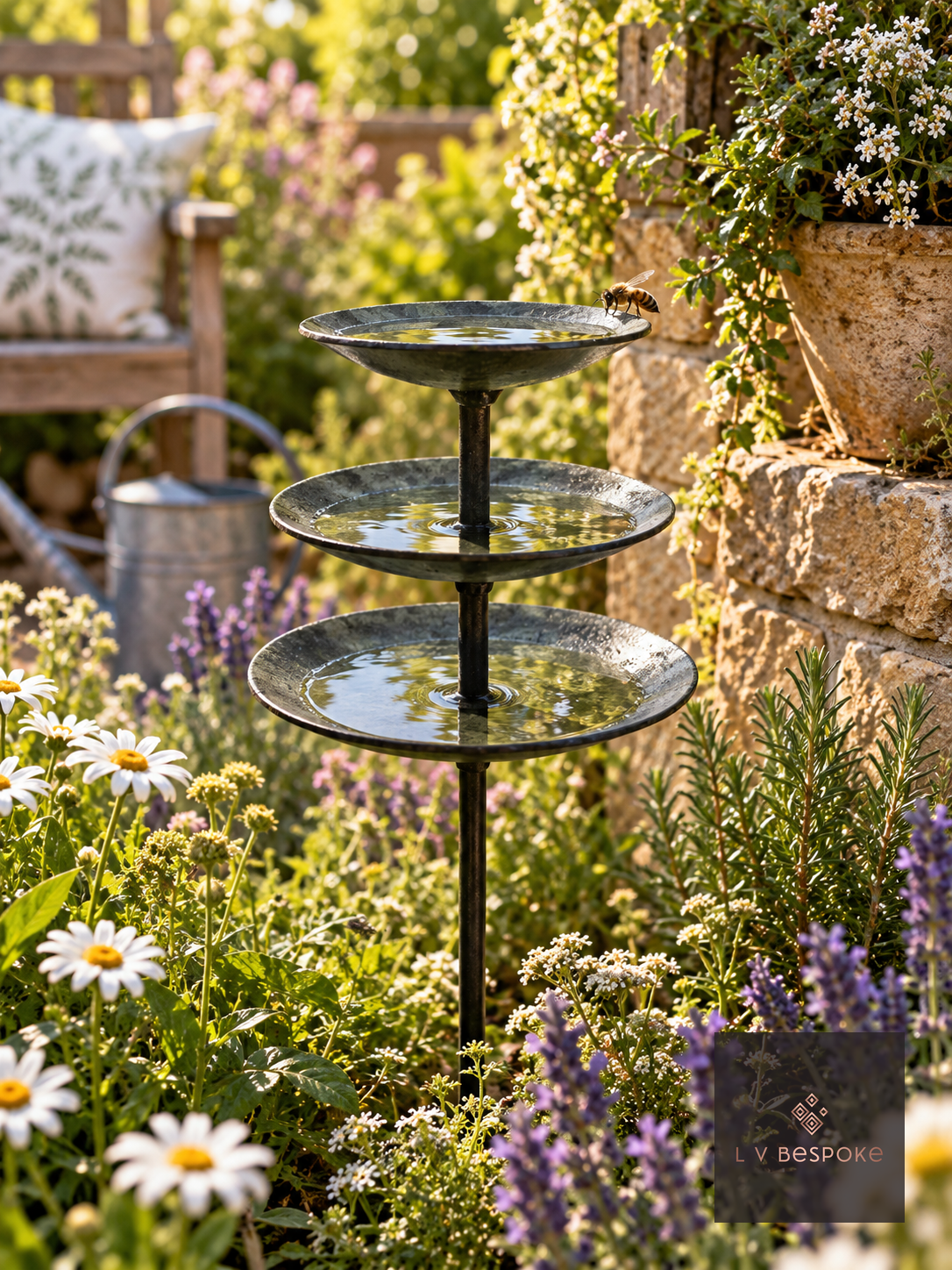 Round finish triple tier bee drinker among daisies and lavender