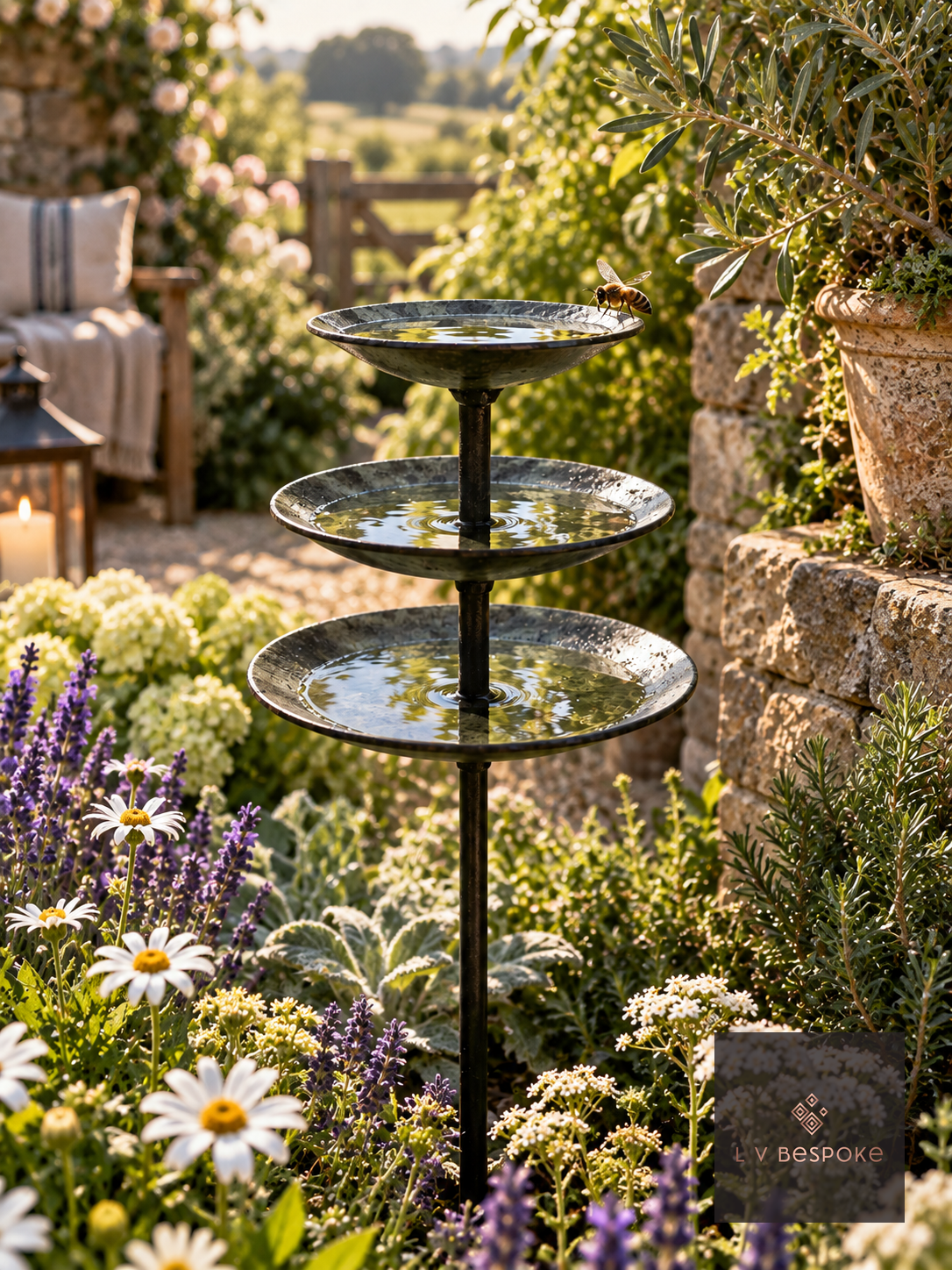 Round finish triple tier bee drinker in a garden beside a stone wall